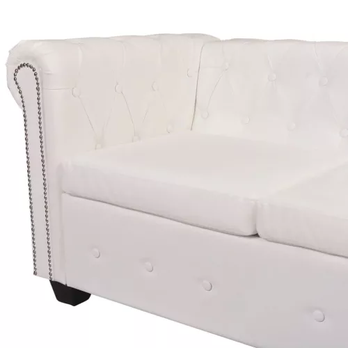 5 személyes fehér műbőr Chesterfield sarokkanapé