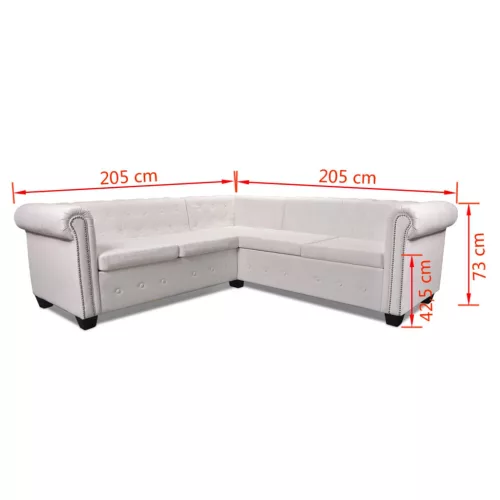 5 személyes fehér műbőr Chesterfield sarokkanapé