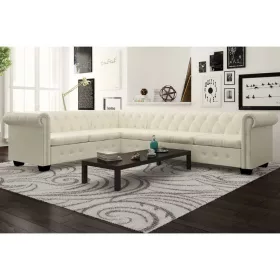 6 személyes fehér műbőr Chesterfield sarok kanapé