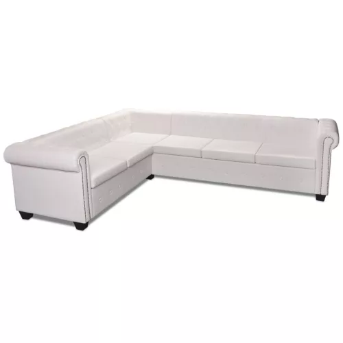 6 személyes fehér műbőr Chesterfield sarok kanapé