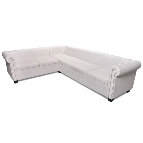 6 személyes fehér műbőr Chesterfield sarok kanapé