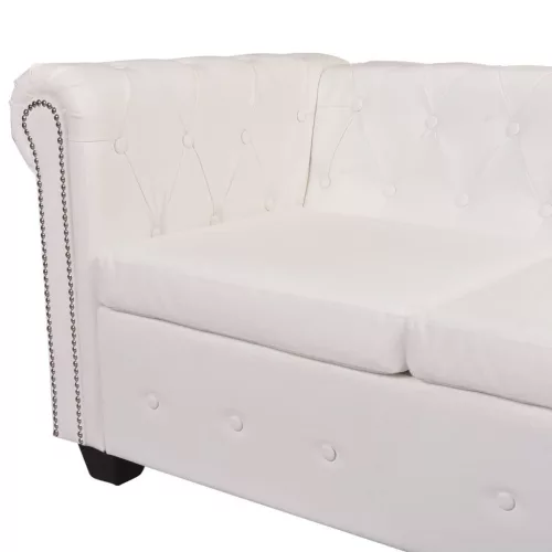 6 személyes fehér műbőr Chesterfield sarok kanapé