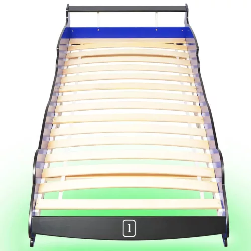 Kék versenyautó alakú LED-es gyerekágy 90 x 200 cm