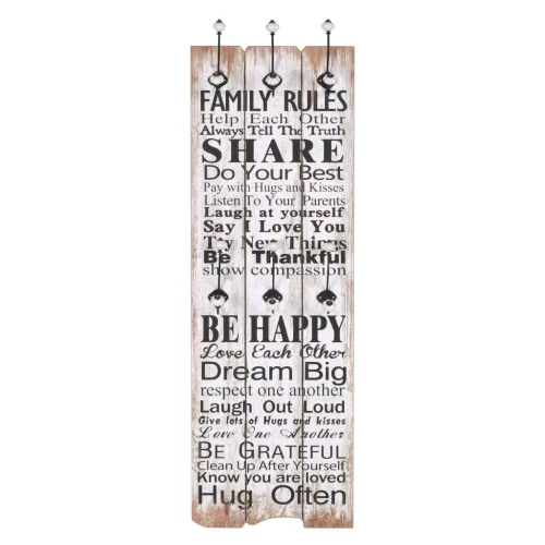 Falra szerelhető fogas 6 akasztóval 120 x 40 cm „FAMILY RULES”