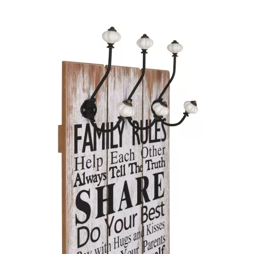 Falra szerelhető fogas 6 akasztóval 120 x 40 cm „FAMILY RULES”
