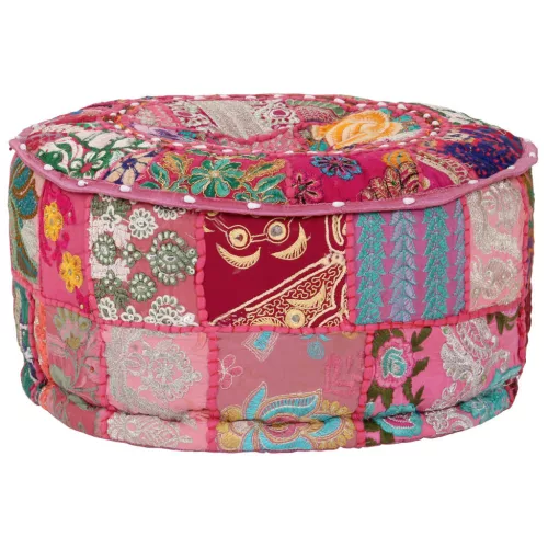 Kézzel készült kerek rózsaszín pamut patchwork puff 40 x 20 cm
