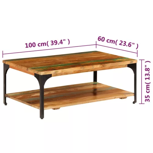 Tömör újrahasznosított fa dohányzóasztal polccal 100x60x35 cm