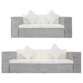   Szürke 2 részes természetes rattan kanapészett párnákkal
