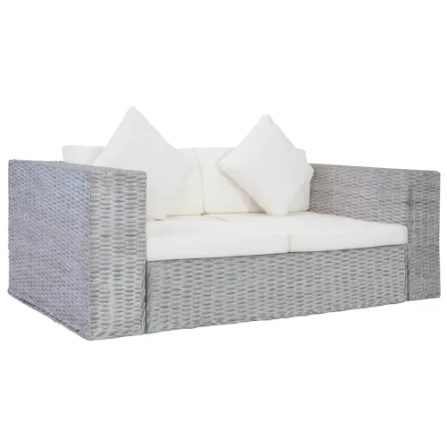 Szürke 2 részes természetes rattan kanapészett párnákkal