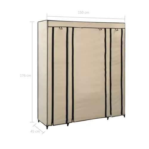 Krémszínű szövet ruhásszekrény tárolórekeszekkel 150x45x176 cm