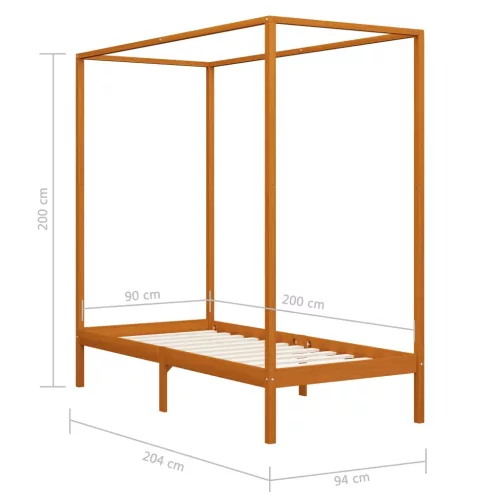 Mézbarna tömör fenyőfa baldachinos ágykeret 90 x 200 cm