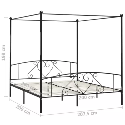 Fekete fém baldachinos ágykeret 200 x 200 cm