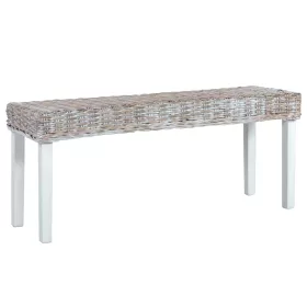   Fehér természetes kubu rattan és tömör mahagóni fa pad 110 cm