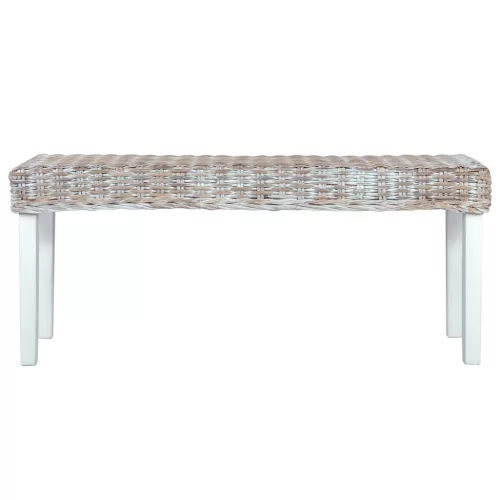 Fehér természetes kubu rattan és tömör mahagóni fa pad 110 cm
