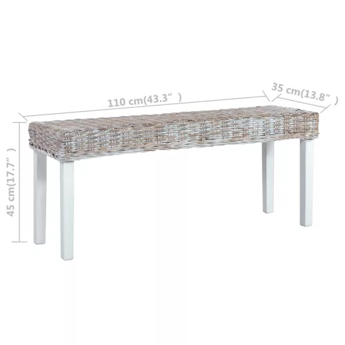 Fehér természetes kubu rattan és tömör mahagóni fa pad 110 cm
