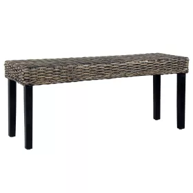   Fekete természetes kubu rattan és tömör mahagóni fa pad 110 cm