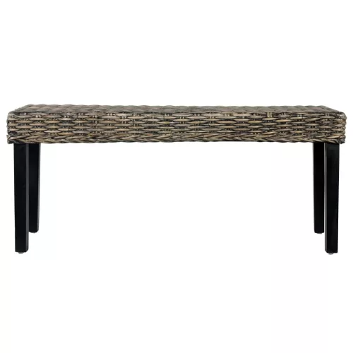 Fekete természetes kubu rattan és tömör mahagóni fa pad 110 cm
