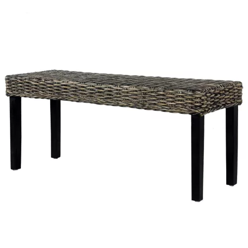 Fekete természetes kubu rattan és tömör mahagóni fa pad 110 cm