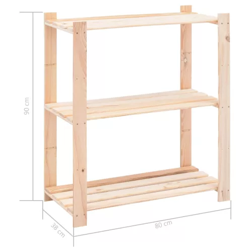 3 db 3-szintes tömör fenyőfa tárolópolc 150 kg 80 x 38 x 90 cm