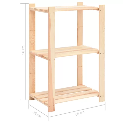 3 db 3-szintes tömör fenyőfa tárolópolc 150 kg 60 x 38 x 90 cm