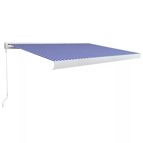 Kék és fehér manuális, kazettás napellenző 350 x 250 cm