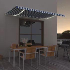   Kék és fehér kézzel kihúzható LED-es napellenző 400 x 300 cm