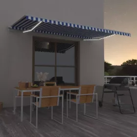  Kék és fehér kézzel kihúzható LED-es napellenző 500 x 350 cm
