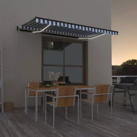   Kék/fehér automata szélérzékelős és LED-es napellenző 450x300cm