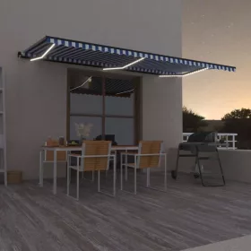   Kék és fehér kézzel kihúzható LED-es napellenző 600 x 300 cm