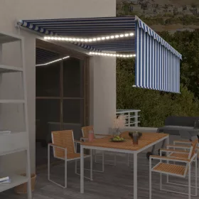   Kék és fehér kihúzható LED-es napellenző redőnnyel 4,5 x 3 m