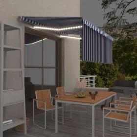   Kék és fehér kihúzható LED-es napellenző redőnnyel 3,5 x 2,5 m