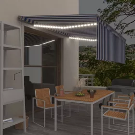   Kék és fehér redőnyös, szélérzékelős, LED-es napellenző 4,5x3 m