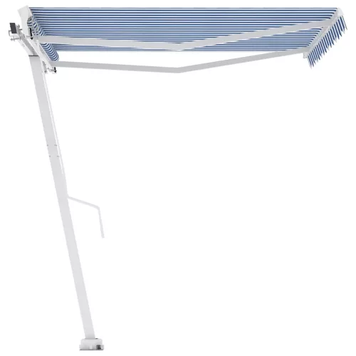 Kék és fehér kézzel kihúzható póznás napellenző 350 x 250 cm