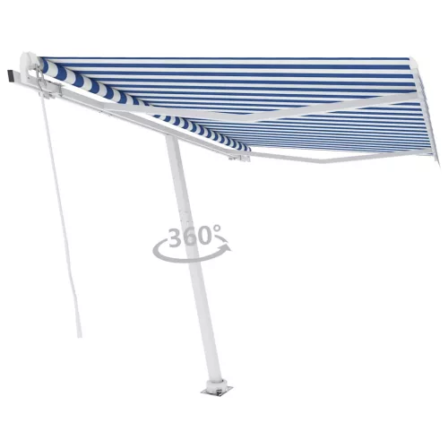 Kék és fehér kézzel kihúzható póznás napellenző 350 x 250 cm