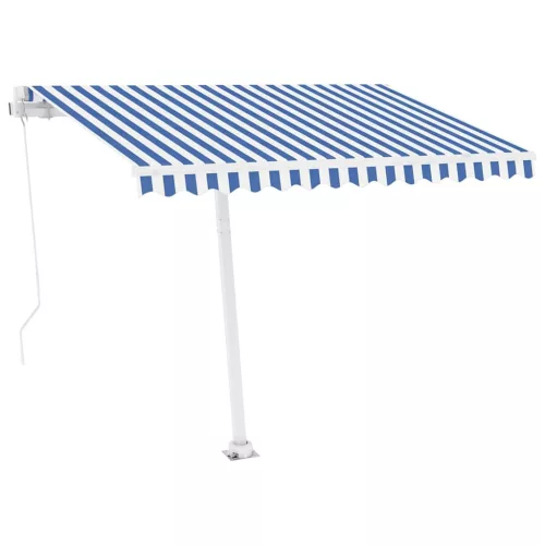 Kék és fehér kézzel kihúzható póznás napellenző 350 x 250 cm