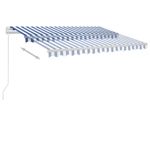 Kék és fehér kézzel kihúzható póznás napellenző 350 x 250 cm