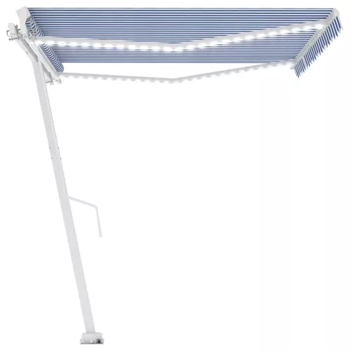 Kék és fehér kézzel kihúzható LED-es napellenző 400 x 300 cm