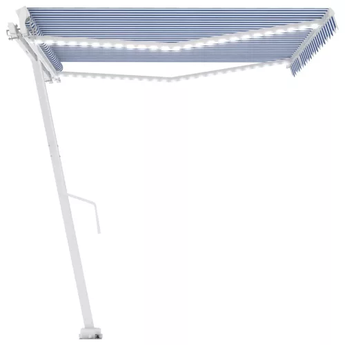 Kék és fehér kézzel kihúzható LED-es napellenző 450 x 300 cm