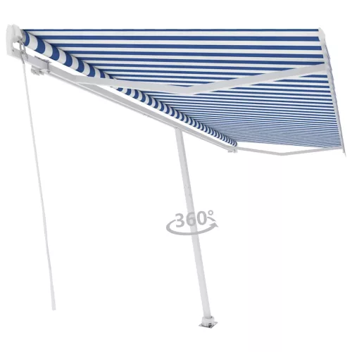 Kék és fehér kézzel kihúzható póznás napellenző 500 x 300 cm