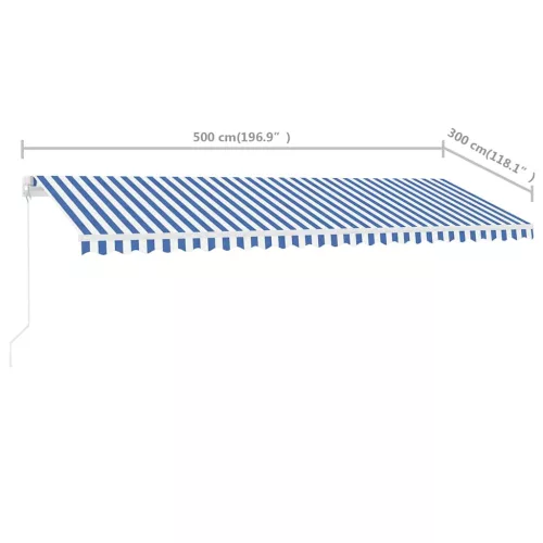 Kék és fehér kézzel kihúzható póznás napellenző 500 x 300 cm