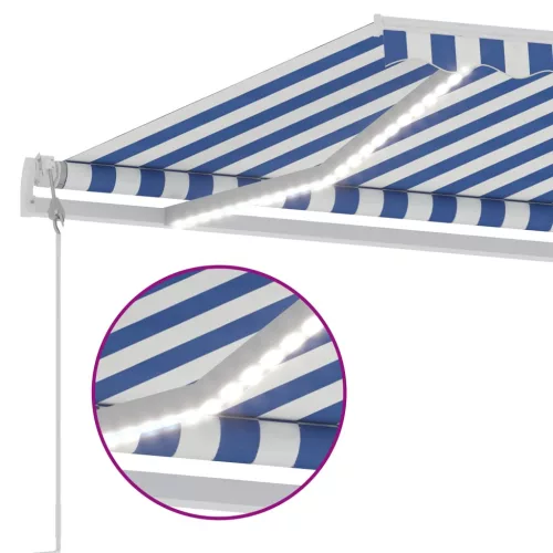 Kék/fehér automata szélérzékelős és LED-es napellenző 600x300cm