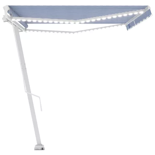 Kék és fehér kézzel kihúzható LED-es napellenző 500 x 350 cm