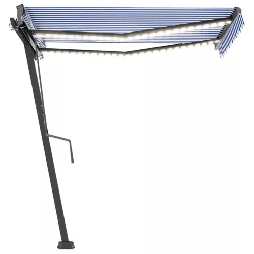 Kék és fehér kézzel kihúzható LED-es napellenző 350x250 cm