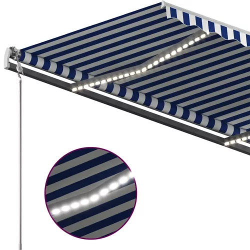 Kék és fehér kézzel kihúzható LED-es napellenző 400 x 300 cm