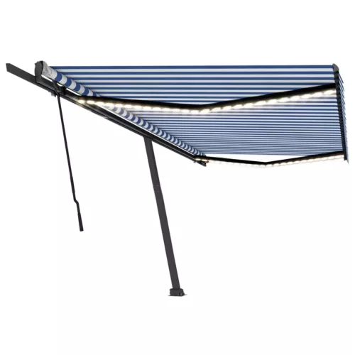 Kék és fehér kézzel kihúzható LED-es napellenző 500 x 300 cm