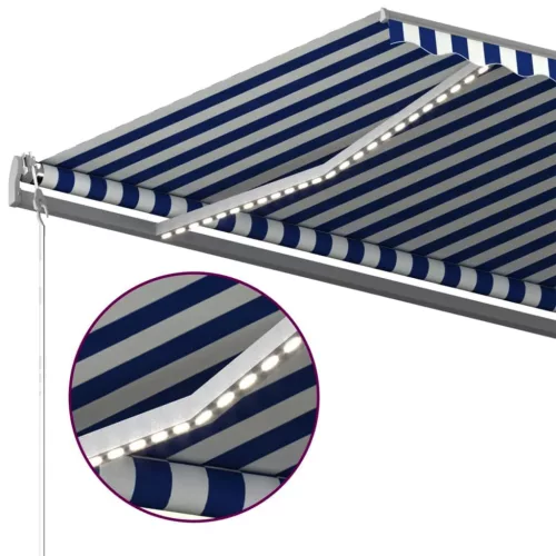Kék és fehér kézzel kihúzható LED-es napellenző 500 x 300 cm