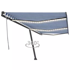   Kék és fehér kézzel kihúzható LED-es napellenző 600 x 300 cm