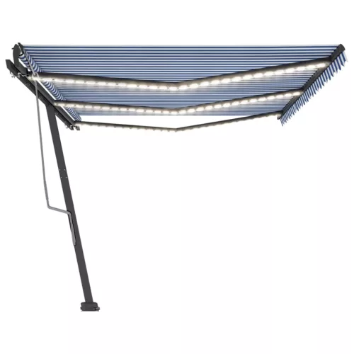 Kék és fehér kézzel kihúzható LED-es napellenző 600 x 300 cm