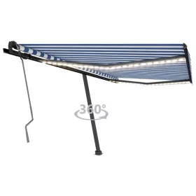   Kék és fehér kézzel kihúzható LED-es napellenző 400 x 350 cm