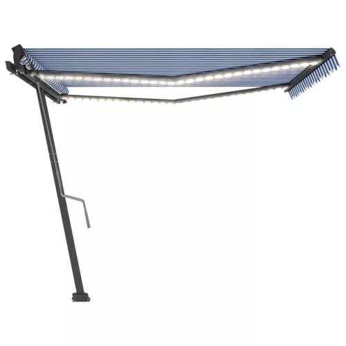 Kék és fehér kézzel kihúzható LED-es napellenző 400 x 350 cm